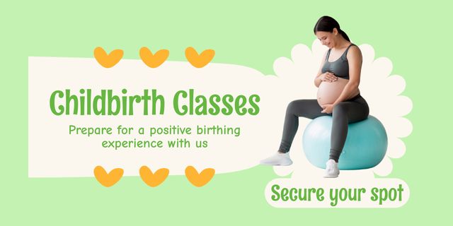 Ontwerpsjabloon van Twitter van Childbirth Classes Offer with Woman sitting on Fitball