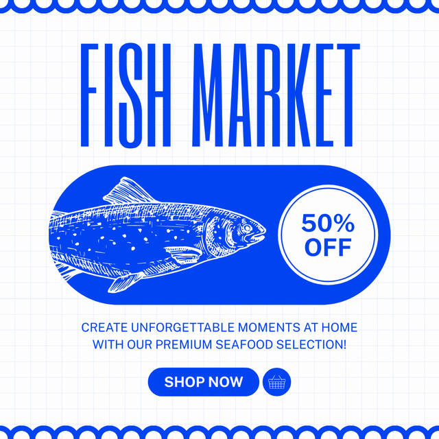 Fish Market Discount Offer on Blue Instagram AD Tasarım Şablonu
