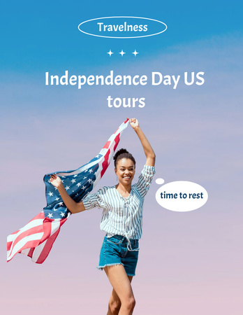 USA Independence Day Tours Offer with Cheerful Woman with Flag Flyer 8.5x11in Design Template