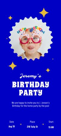 Birthday Party Announcement with Cute Kid on Blue Invitation 9.5x21cm Šablona návrhu