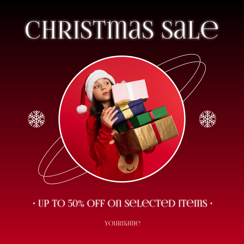 Designvorlage Christmas sale offer with surprised girl holding presents für Instagram AD
