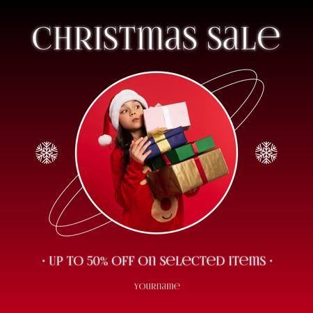 Christmas sale offer with surprised girl holding presents Instagram AD Design Template