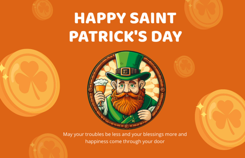 Szablon projektu Happy St. Patrick's Day Greeting with Red Bearded Leprechaun on Orange Thank You Card 5.5x8.5in