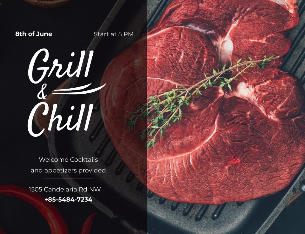 Raw Meat Steak On Grill Party Invitation 13.9x10.7cm Horizontal Tasarım Şablonu