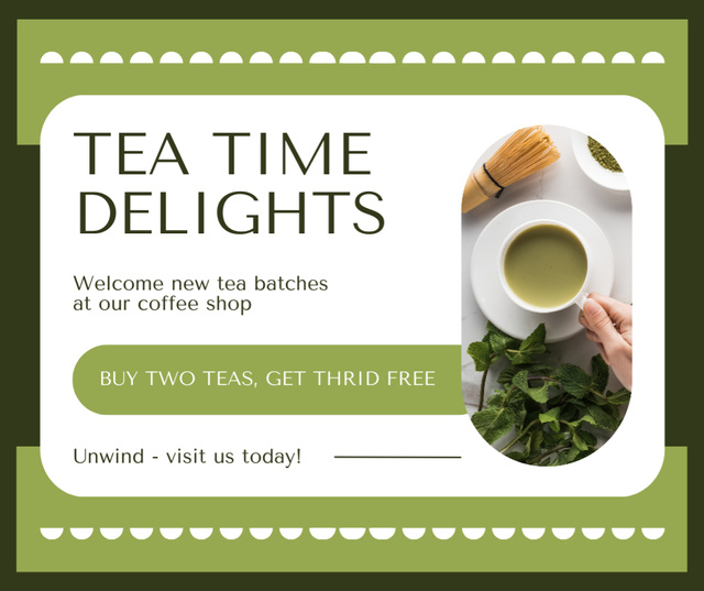 Green Tea Promo In Coffee Shop Offer Facebook Modelo de Design