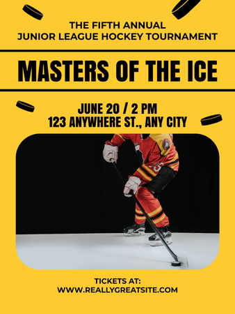 Modèle de visuel Publicité du tournoi de hockey junior sur jaune - Poster US