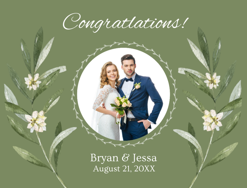 Platilla de diseño Wedding Announcement With Happy Newlyweds with Flowers in Green Postcard 4.2x5.5in