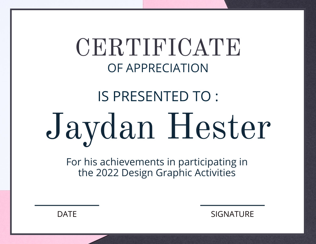 Szablon projektu Certificate of Appreciation in Design Graphic Activities Certificate