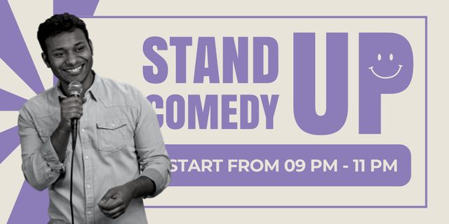 Stand-up Show Announcement with Smiling Comedian Twitter Design Template
