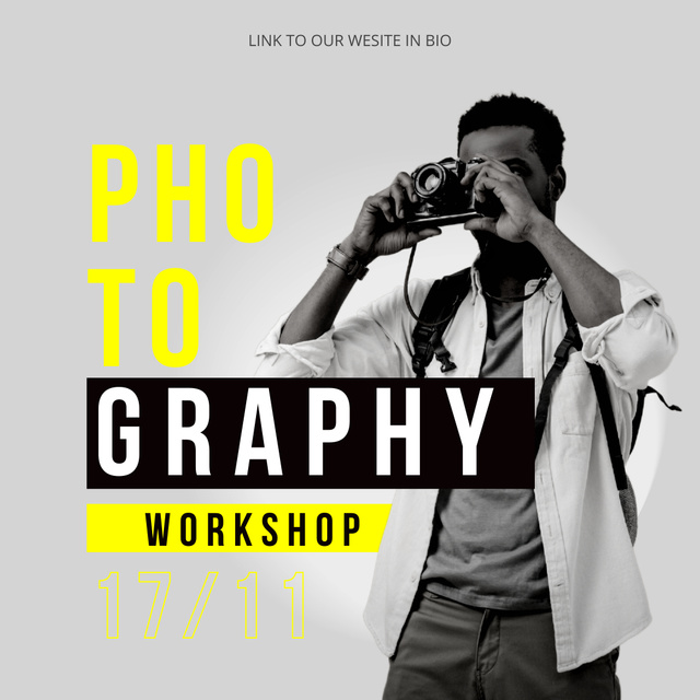 Photography Workshop Ad with Man Taking Photo Instagram Design Template