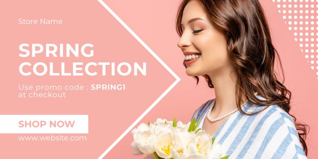 Spring Sale Announcement with Young Woman with Tulips Twitter Design Template