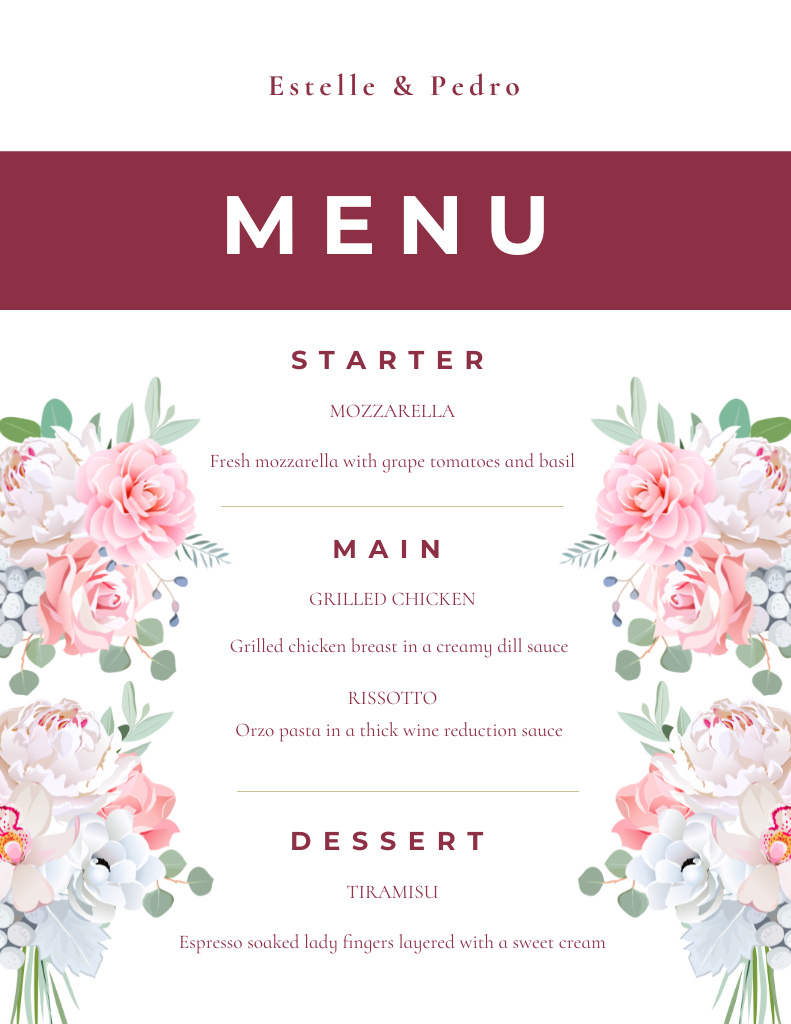 Plantilla de diseño de Romantic Wedding Appetizers List with Roses Menu 8.5x11in 