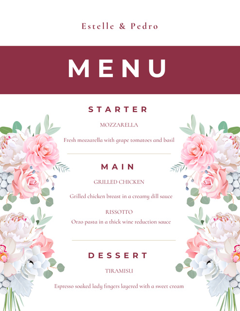 Platilla de diseño Romantic Wedding Appetizers List with Roses Menu 8.5x11in
