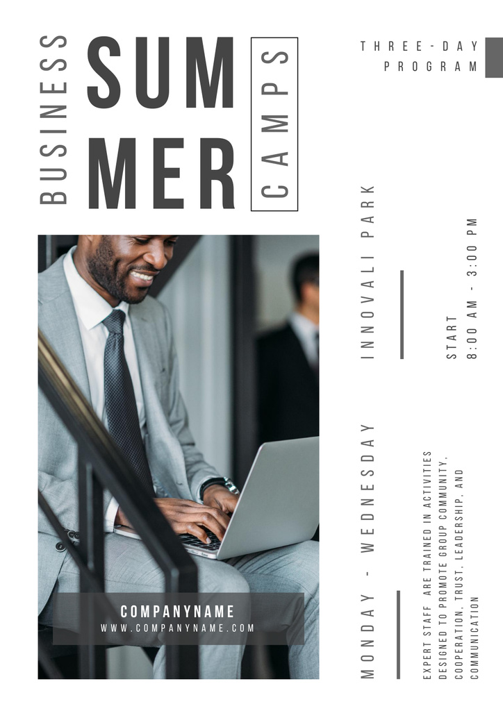 Summer Business Camp Announcement with Man using Laptop Poster tervezősablon