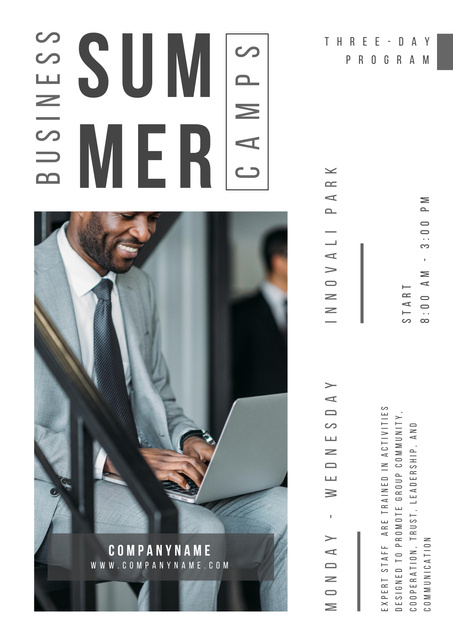 Platilla de diseño Summer Business Camp Announcement with Man using Laptop Poster