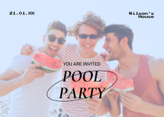Pool Party Announcement with Cheerful Men Eating Watermelon