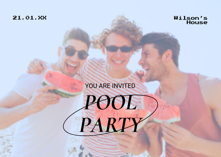 Pool Party Announcement with Cheerful Men Eating Watermelon Flyer A6 Horizontal Design Template
