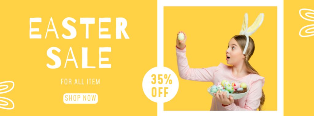 Platilla de diseño Easter Sale Announcement with Girl Holding Plate of Easter Eggs Facebook cover