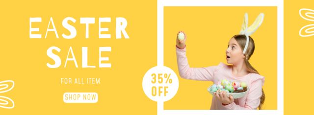 Easter Sale Announcement with Girl Holding Plate of Easter Eggs Facebook cover Design Template
