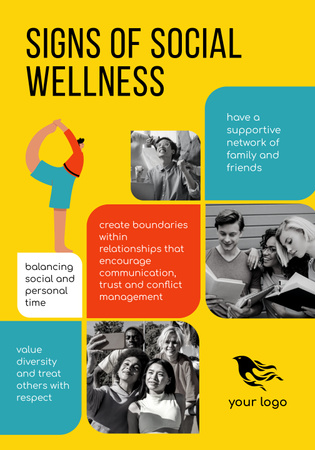 List of Signs of Social Wellness on Yellow Poster 28x40in Design Template