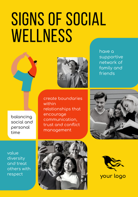 List of Signs of Social Wellness on Yellow Poster 28x40inデザインテンプレート
