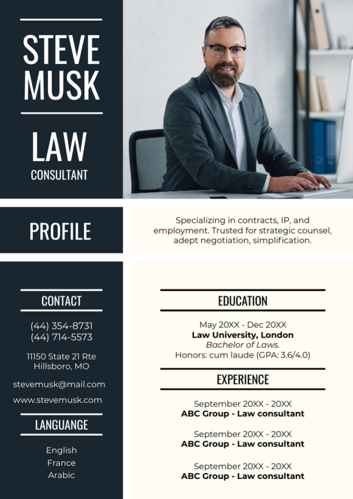 Plantilla de diseño de Skills of Law Consultant with Man at Workplace Resume 