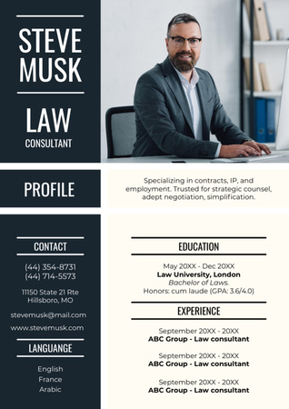 Platilla de diseño Skills of Law Consultant with Man at Workplace Resume