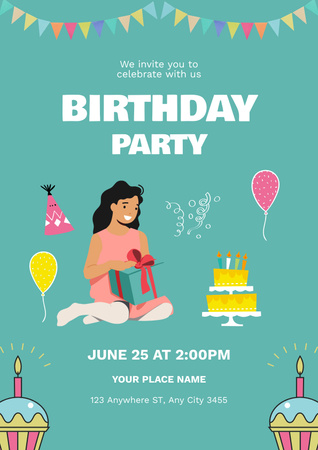 Girl Birthday Party Announcement with Balloons on Blue Poster Design Template