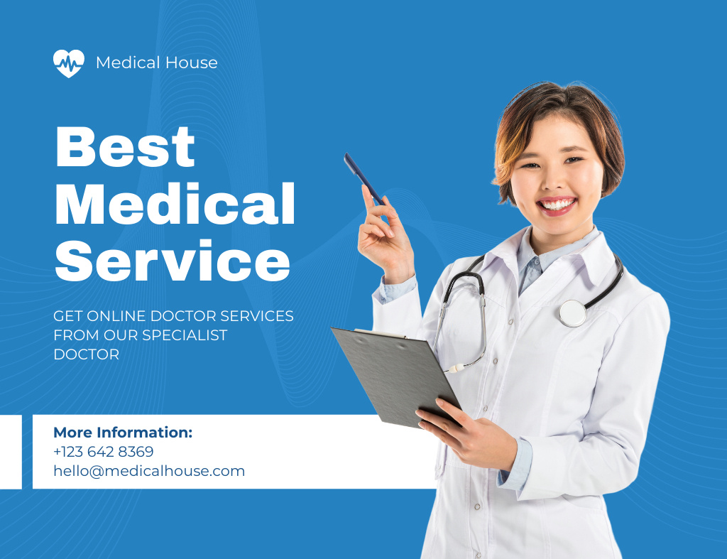 Offer of Best Medical Services with Smiling Female Asian Doctor Thank You Card 5.5x4in Horizontal Modelo de Design
