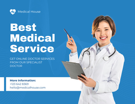 Designvorlage Angebot der besten medizinischen Dienstleistungen mit lächelnder Ärztin für Thank You Card 5.5x4in Horizontal