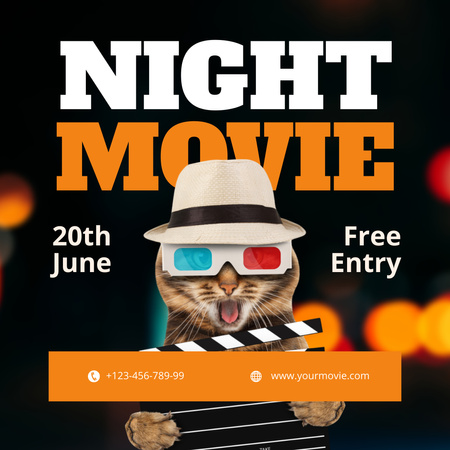 Movie Night Announcement with Comical Cat Instagram Design Template