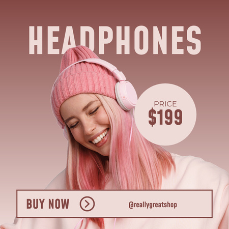 Headphones Price Offer with Young Woman on Pink Instagram Design Template