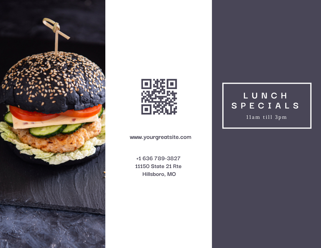 Template di design Delicious Black Burger Promo Menu 11x8.5in Tri-Fold