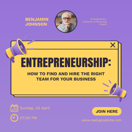 Szablon projektu Reklama seminarium internetowego na temat przedsiębiorczości i biznesu w kolorze fioletowym LinkedIn post