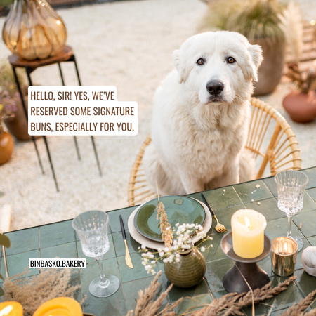 Ontwerpsjabloon van Instagram van grappige bakkerij reclame met schattige hond aan tafel