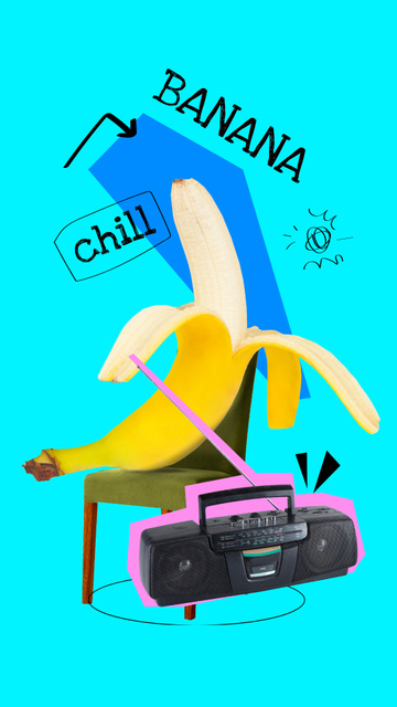 Funny Banana chilling with Retro Record Player Instagram Storyデザインテンプレート