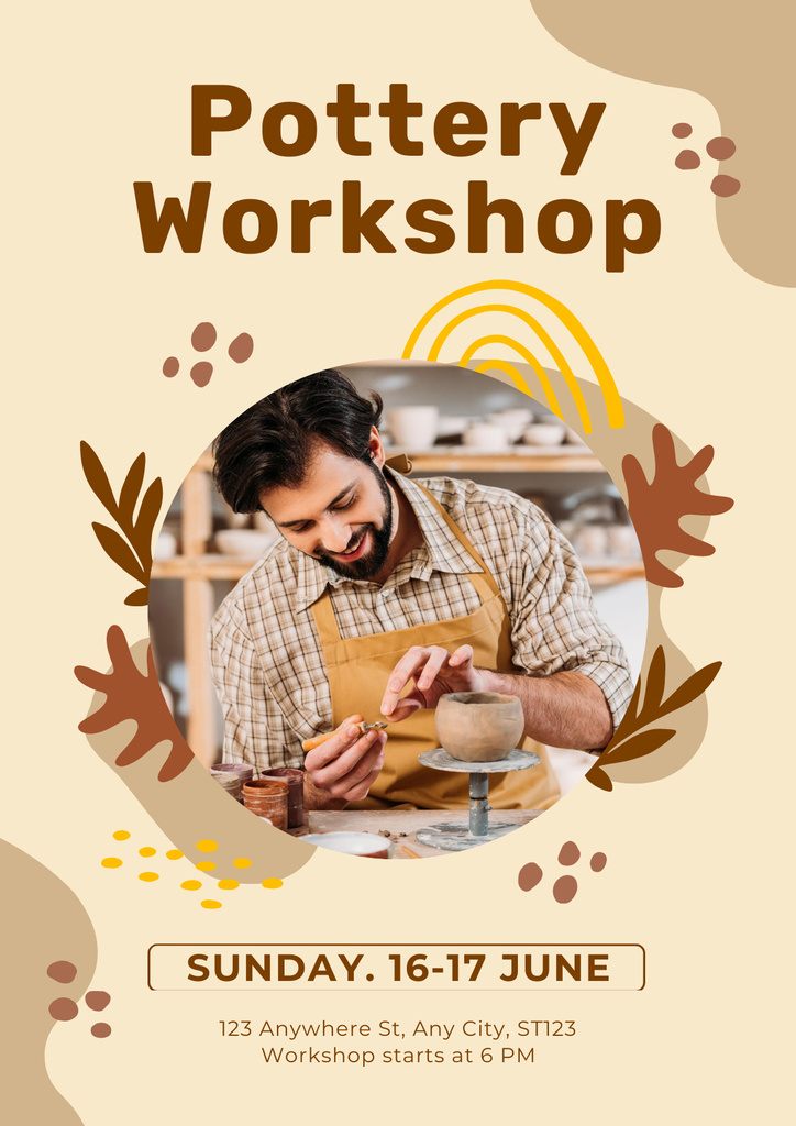 Template di design Pottery Workshop Invitation with Potter in Apron Decorating Ceramic Bowl Poster