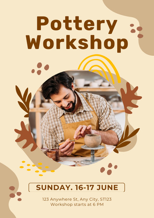 Pottery Workshop Invitation with Potter in Apron Decorating Ceramic Bowl Poster Design Template