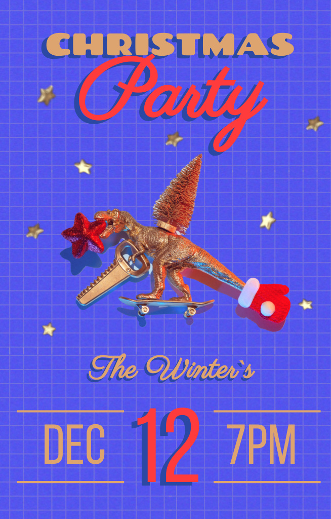 Awesome Christmas Party Announcement With Festive Dino Invitation 4.6x7.2in Šablona návrhu