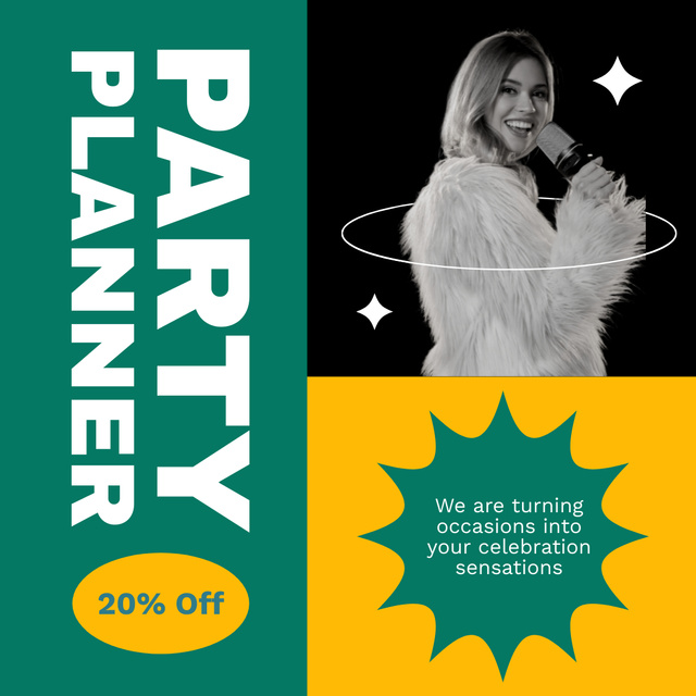 Plantilla de diseño de Party Planning Services with Woman with Microphone Instagram AD 