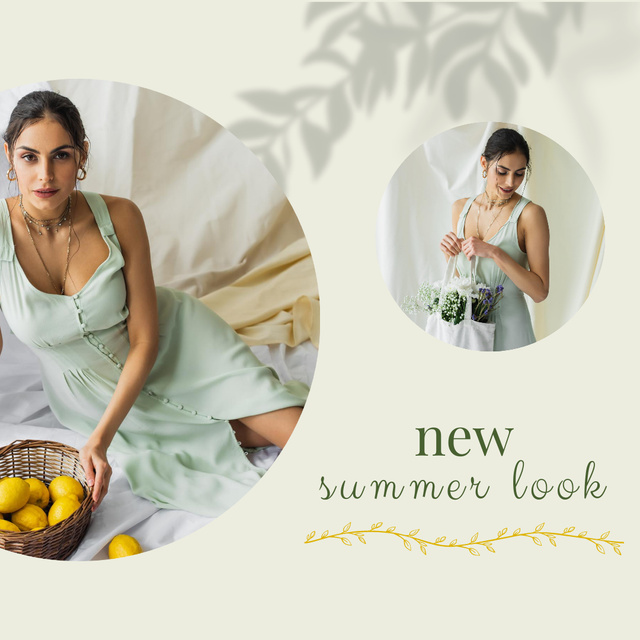 Woman in New Summer Look With Green Dress Instagram Tasarım Şablonu