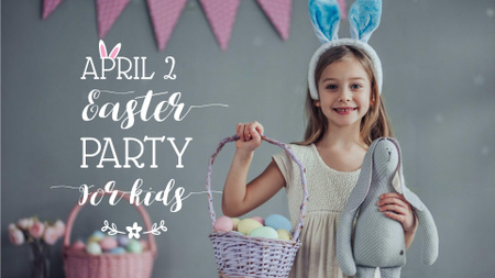 Easter Party Announcement with Girl holding Bunny FB event cover Design Template