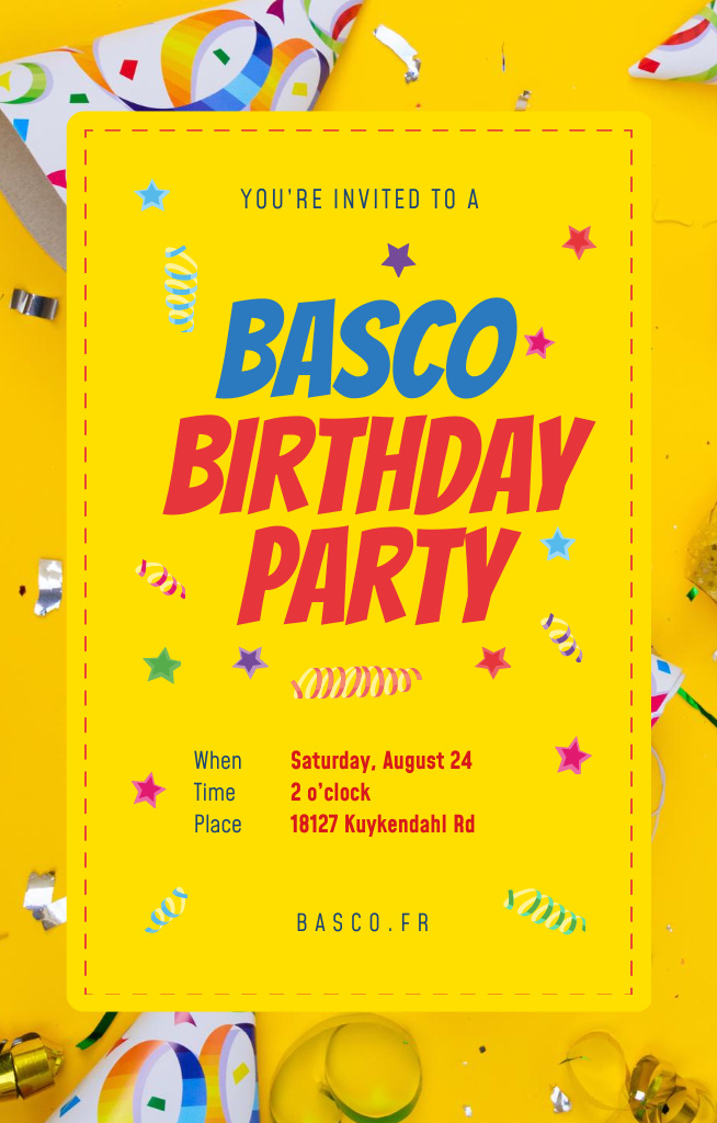 Birthday Party With Confetti and Ribbons on Yellow Invitation 4.6x7.2in Modelo de Design