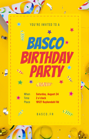 Plantilla de diseño de Fiesta de cumpleaños con confeti y cintas en amarillo Invitation 4.6x7.2in 