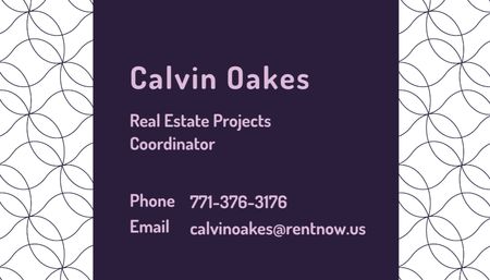 Anúncio do coordenador imobiliário com padrão geométrico em roxo Business Card US Modelo de Design