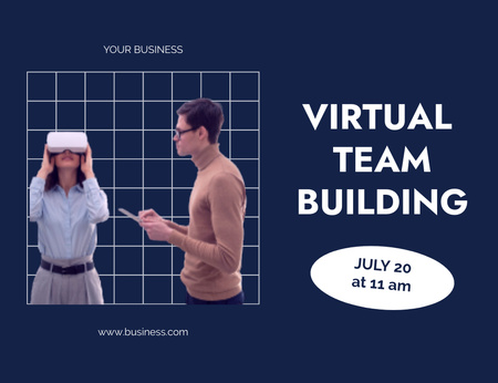 Virtual Team Building Announcement on Blue Invitation 13.9x10.7cm Horizontal Design Template