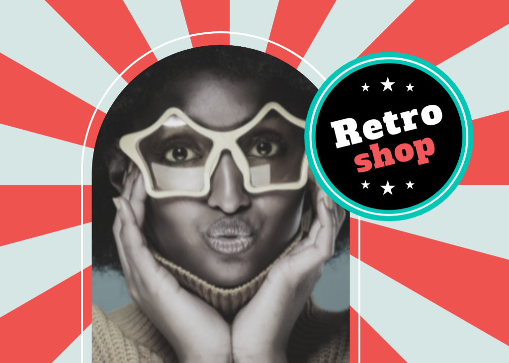 Ontwerpsjabloon van Postcard 5x7in van Retro Shop Offer with Attractive African American Woman