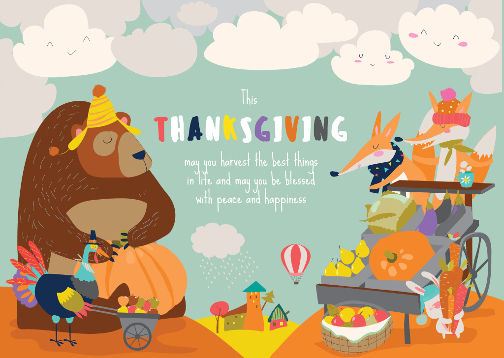Plantilla de diseño de Animals celebrating Thanksgiving  Card 