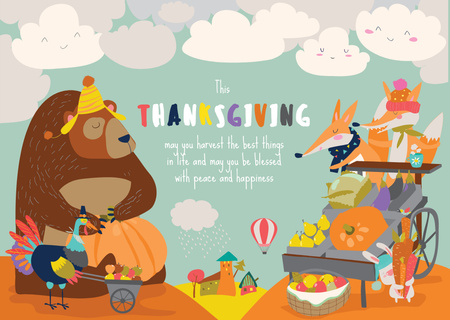 Animals celebrating Thanksgiving  Card Design Template