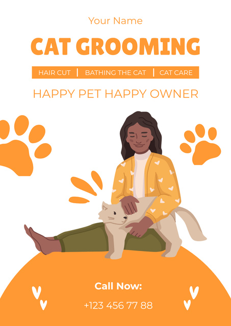 Cat Grooming Services Offer on Orange Poster Modelo de Design